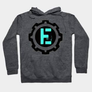 Ice Blue Letter E in a Black Industrial Cog Hoodie